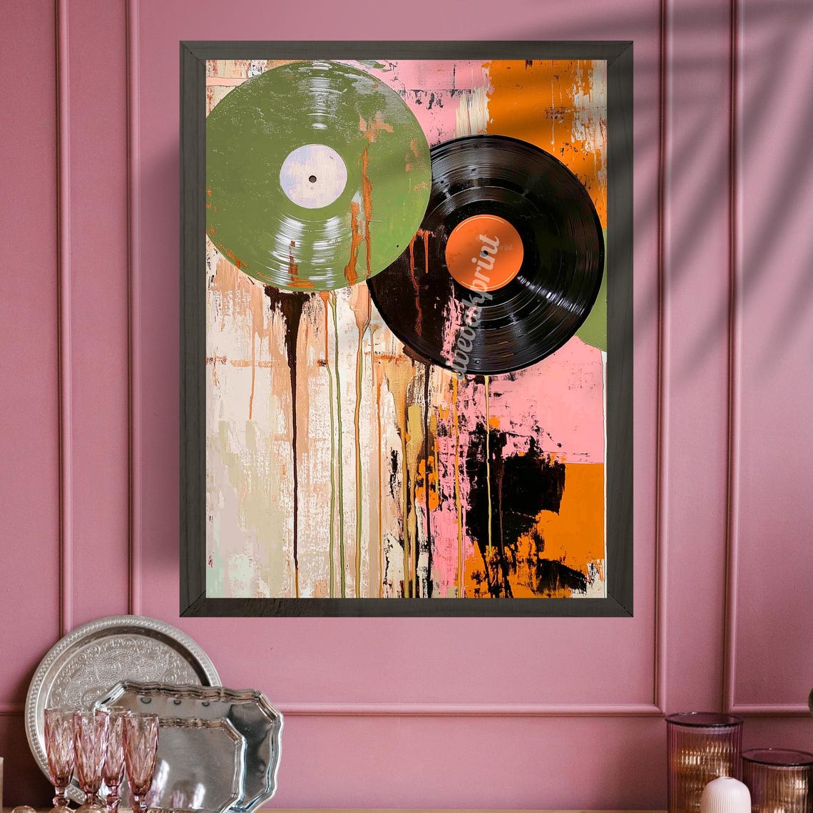 Green And Black Vinyl Record Painting Over Dripping Orange Art Poster - Image 3