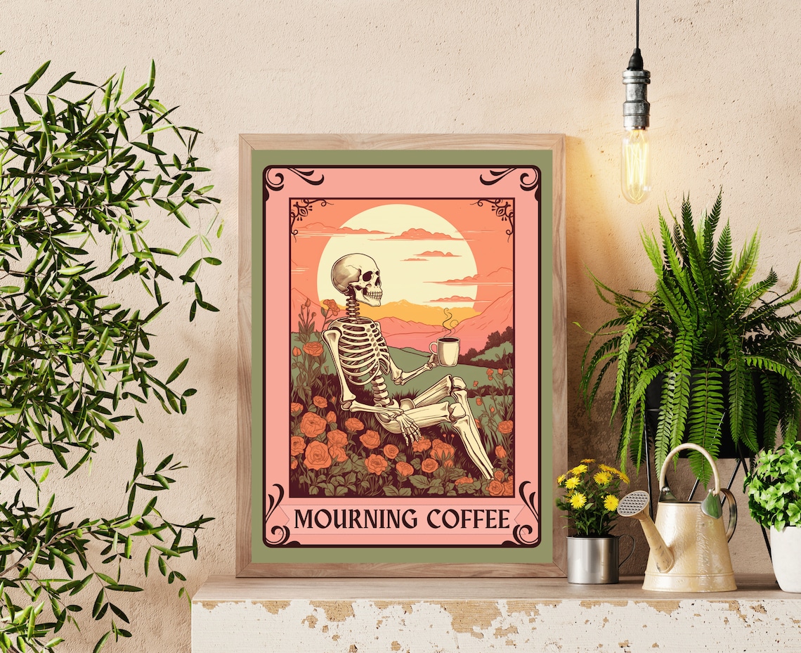 Mourning Coffee Sign, Gothic Kitchen Art Poster