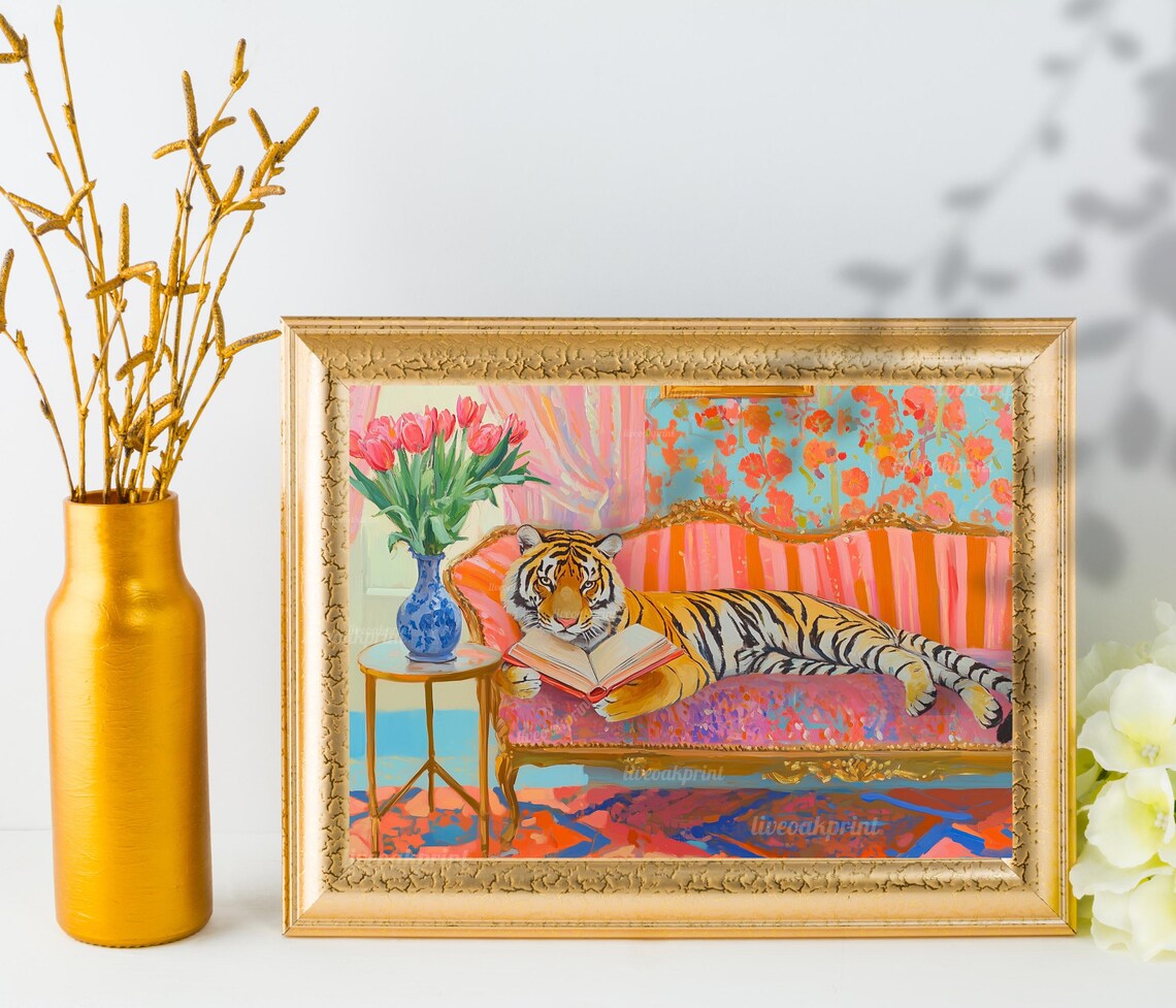 Tiger Reading in Bed, Maximalist Wall Art Print