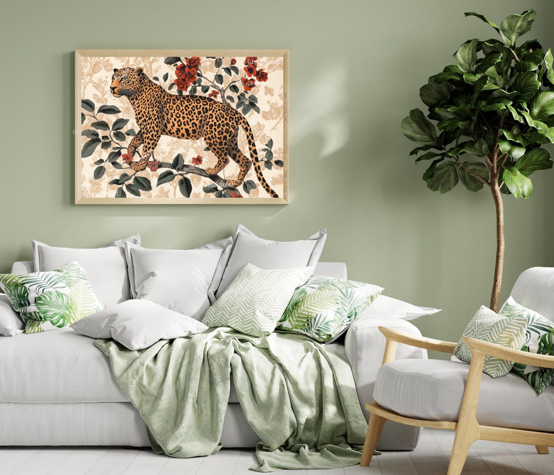 Leopard Walking On Flowering Branch With Red Blossoms Boho Poster - Image 2