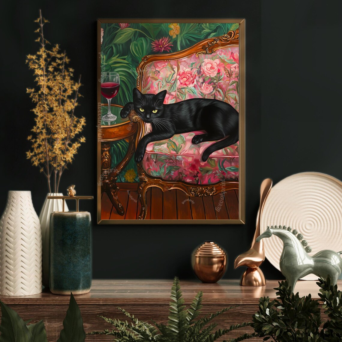 Black Cat With Red Wine, Maximalist Cat Art Print - Image 2