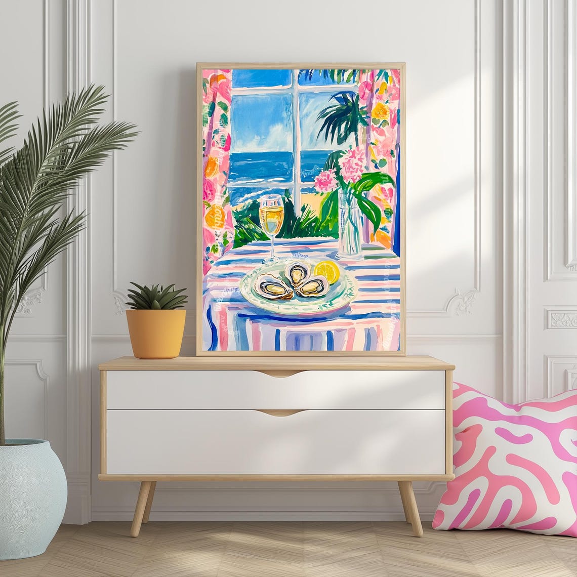 Oysters And White Wine By A Seaside Window Coastal Kitchen Art Print