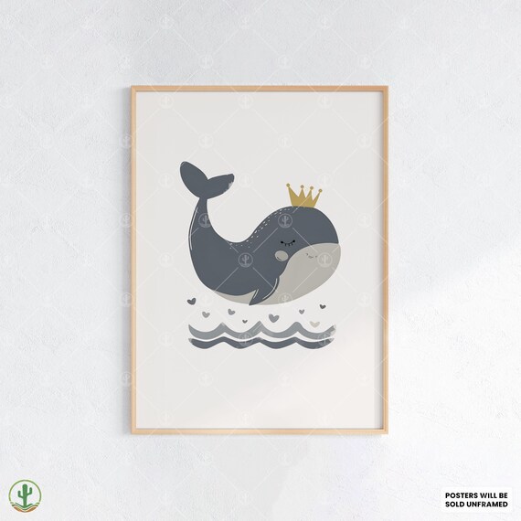 Cute Crowned Whale Nursery Ocean Animal Baby Room Decor Wall Art