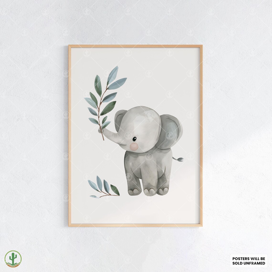 Baby Elephant Eucalyptus Branch Soft Watercolor Nursery Poster