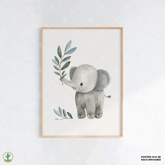 Baby Elephant Eucalyptus Branch Soft Watercolor Nursery Poster
