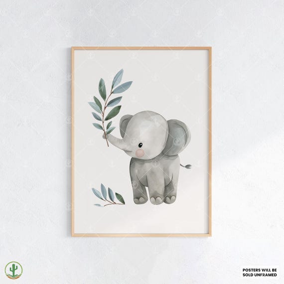 Botanical Baby Elephant Print Nursery Wall Art Cute Room Decor Animal Kids Poster