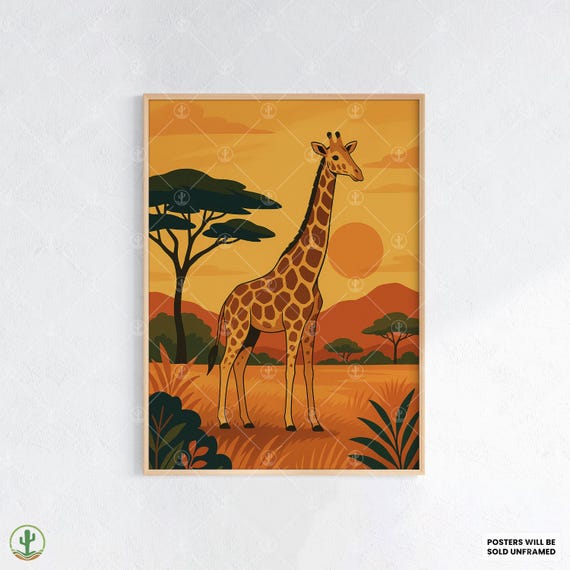 Giraffe Safari Wall Art Print Warm African Wildlife Poster With Sunset Savannah Trees Elegant Illustration
