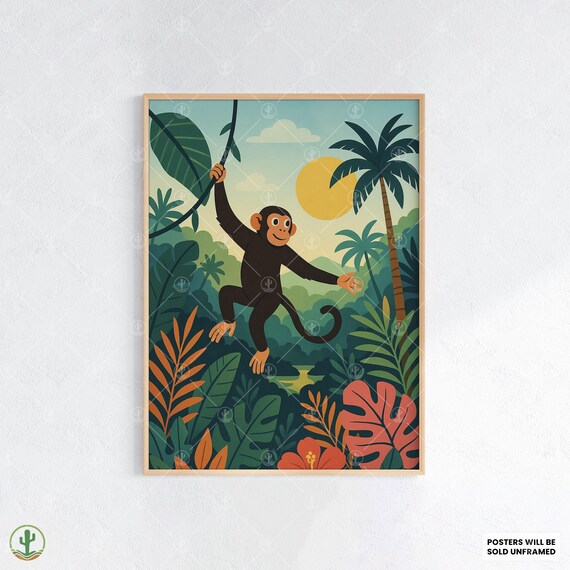 Playful Jungle Monkey Wall Art Whimsical Tropical Animal Print With Sunset Palm Trees Colorful Foliage