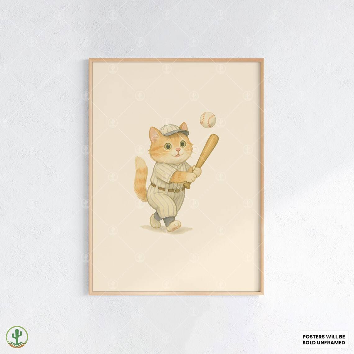 Cute Kitten Baseball Player Watercolor Poster for Kids Room Decor