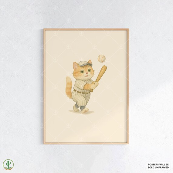 Cute Kitten Baseball Player Watercolor Poster for Kids Room Decor