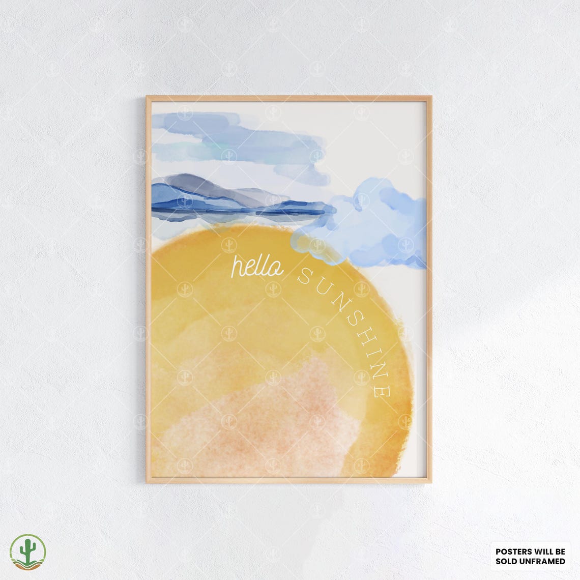 Hello Sunshine Watercolor Poster Yellow Sun Nursery Baby Room Art