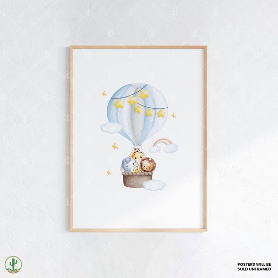 Safari Animals Balloon Ride Nursery Wall Art Print Cute Baby Room Decor Animal Kids Poster