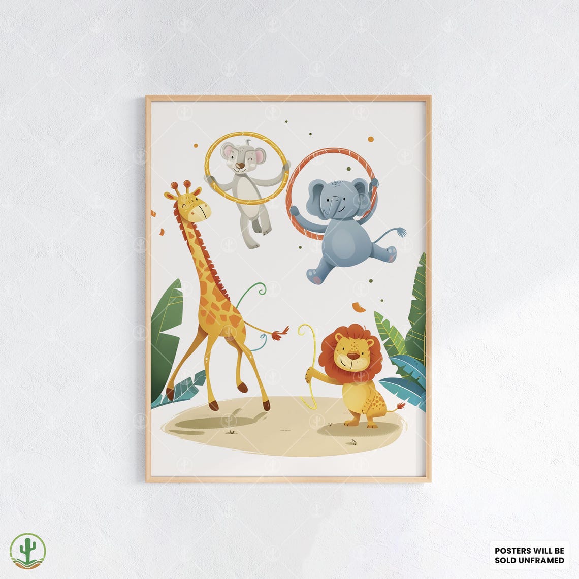 Jungle Animals Playing Cute Giraffe Lion Elephant Nursery Poster