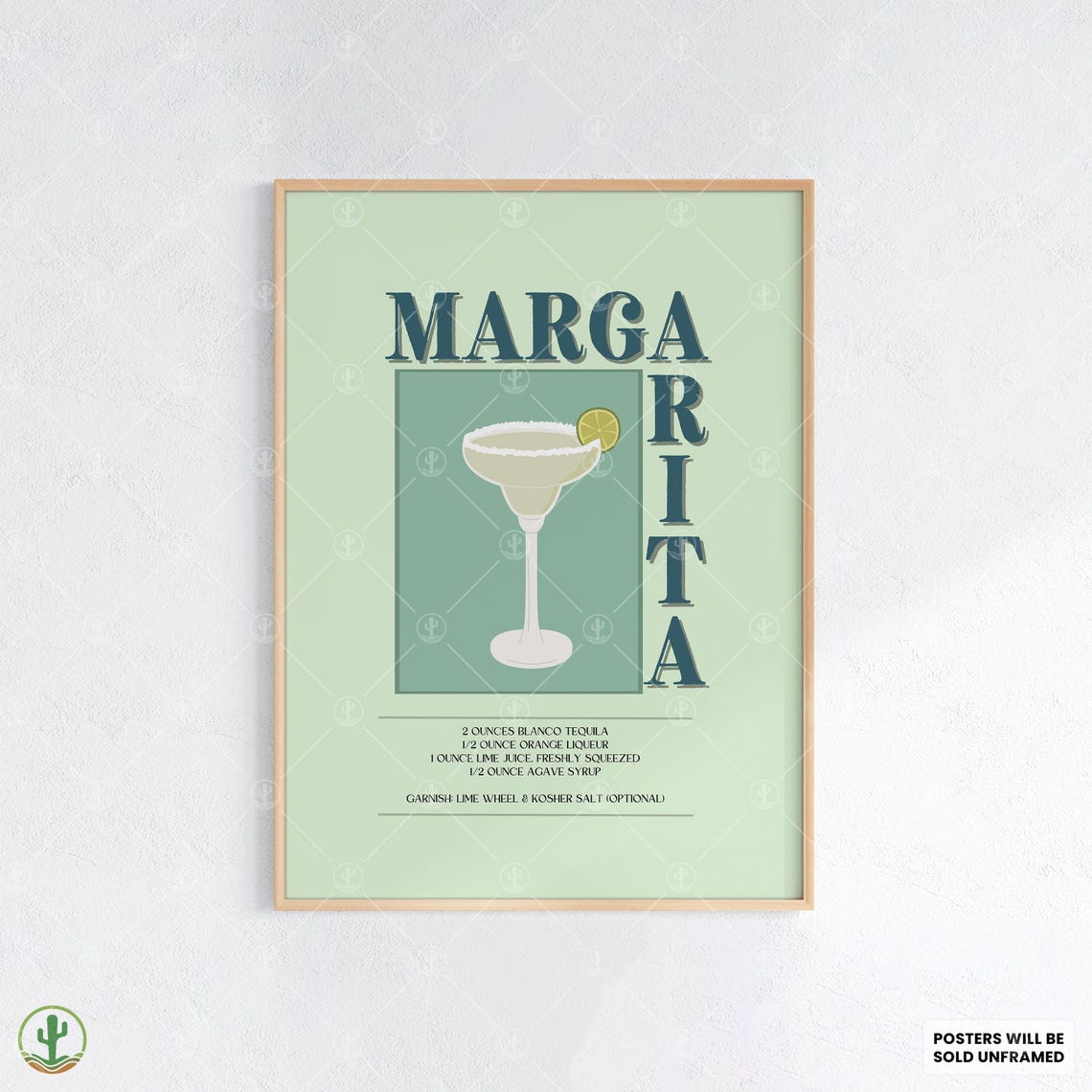 Margarita Lime Tequila Green Vintage Typography Cocktail Recipe Poster