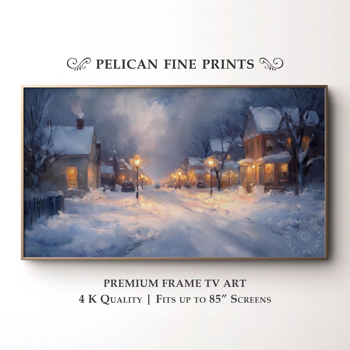 Snowy Americana Winter Street Night Lamps Cozy Vintage Wall Art