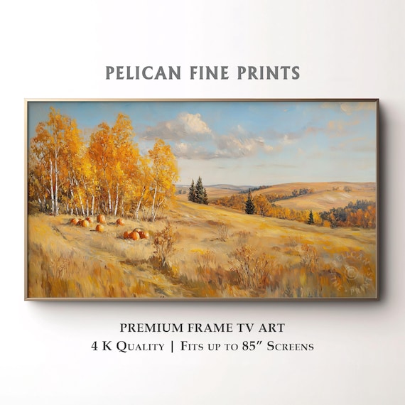 Golden Autumn Hillside Pumpkins Harvest Field Painting Wall Art