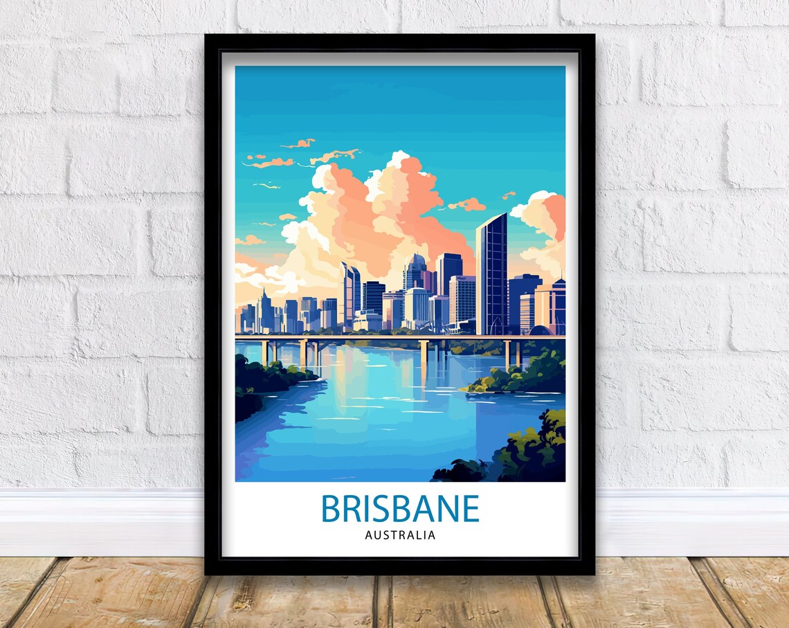 Brisbane Australia River Skyline Sunset Clouds City Travel Poster