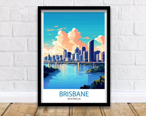 Brisbane Australia River Skyline Sunset Clouds City Travel Poster