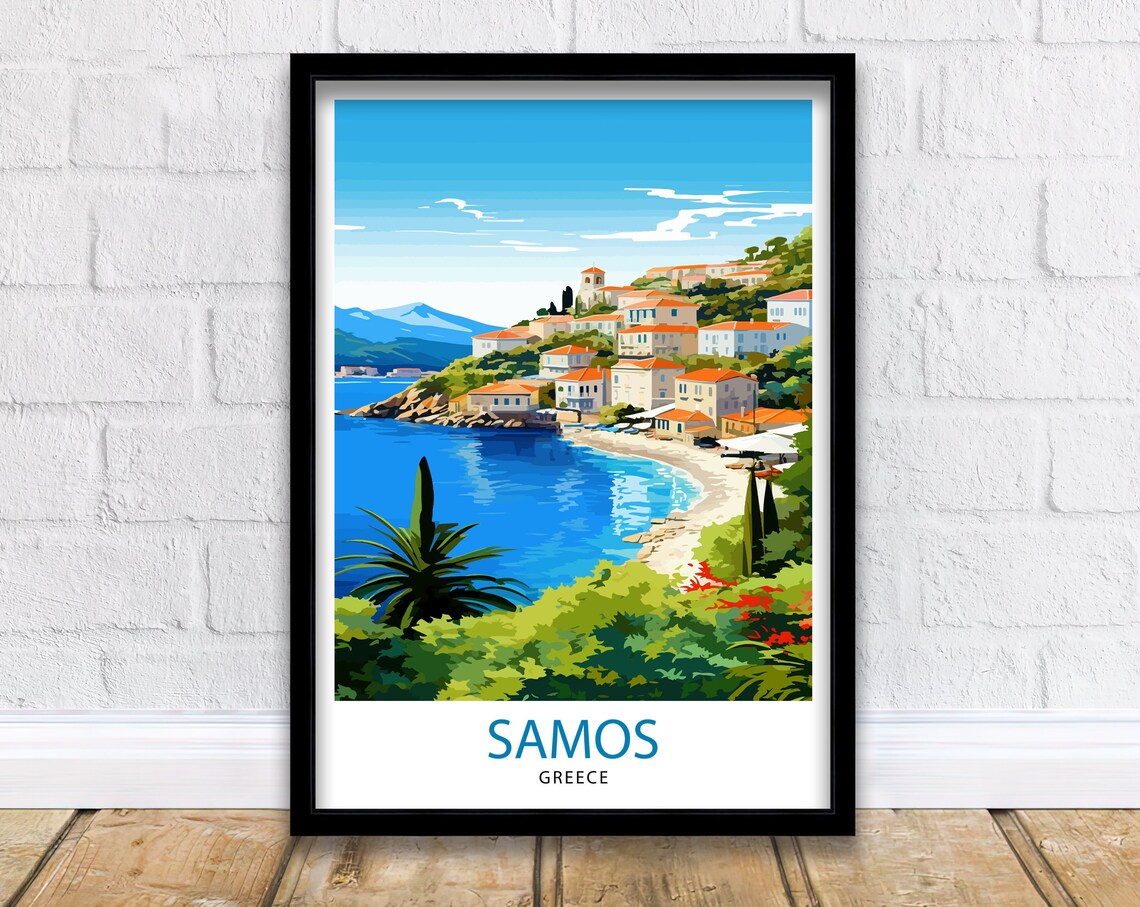 Samos Greece Aegean Island Hillside Town Bay Vintage Travel Poster