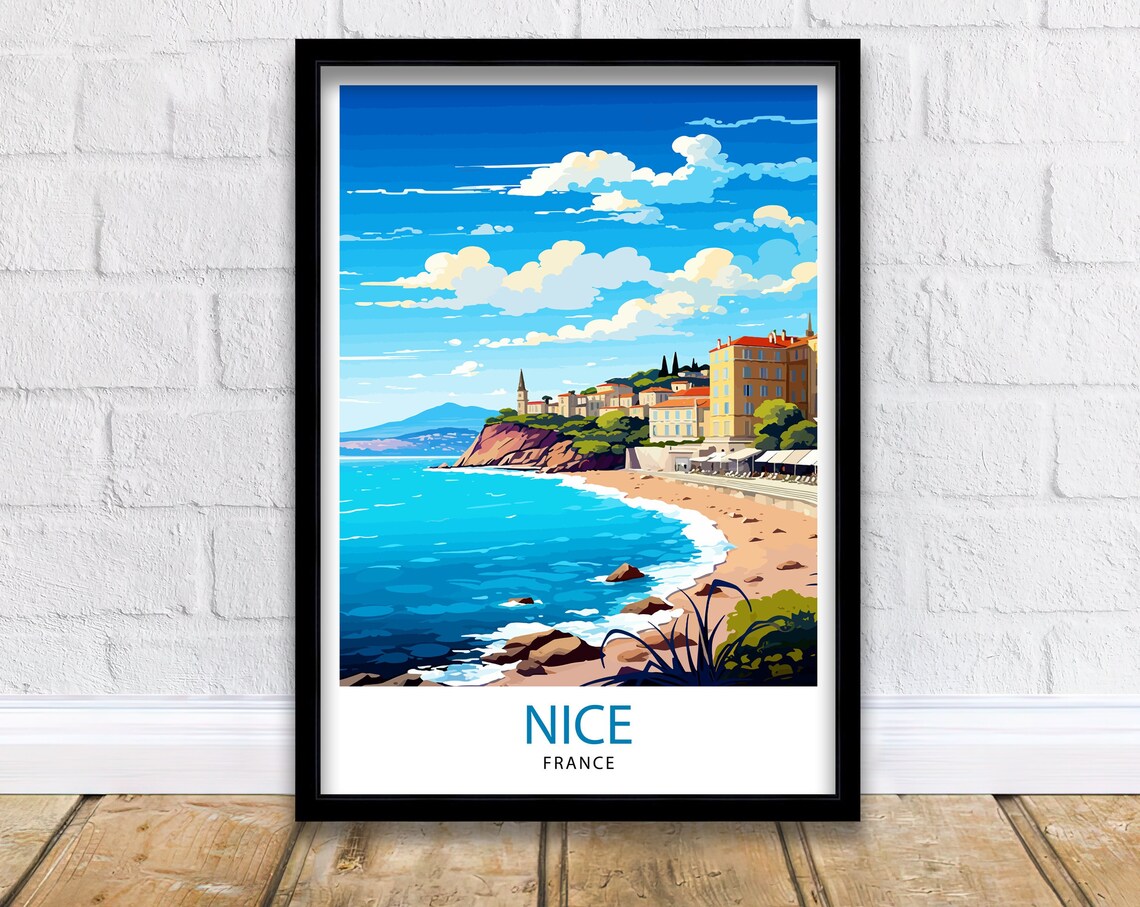 Nice France Riviera Coastline Beach Cliff Hotels View Poster