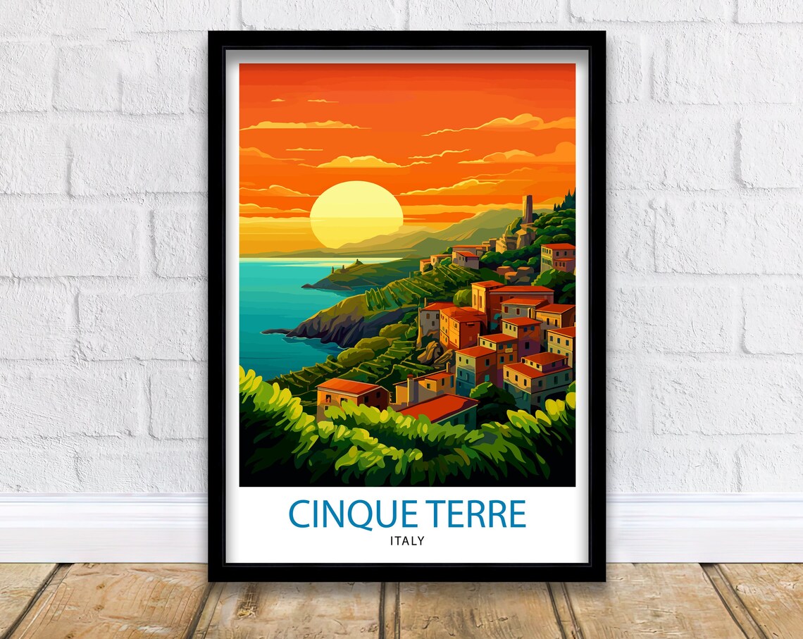 Cinque Terre Italy Sunset Coastal Village Orange Sky Travel Poster