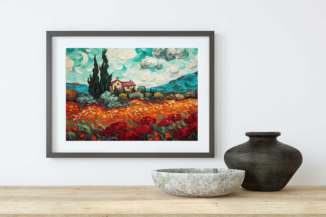 Van Gogh Style Farmhouse Among Cypress Trees Poppy Field Impasto Poster - Image 2