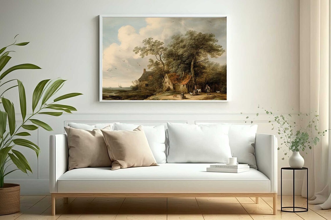 Antique Dutch Countryside Cottages by Water Landscape Oil Poster - Image 3