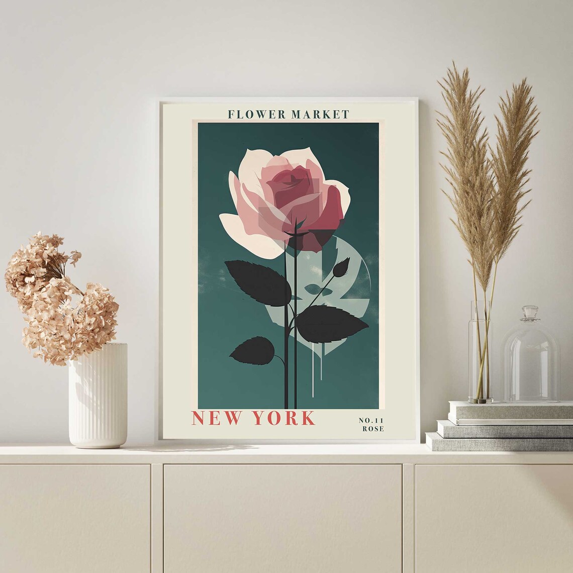New York Rose Pink Blossom Teal Background Botanical Flower Poster - Image 4