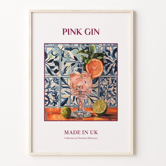 Pink Gin Cocktail Grapefruit Lime Maiolica Tile Art Kitchen Poster