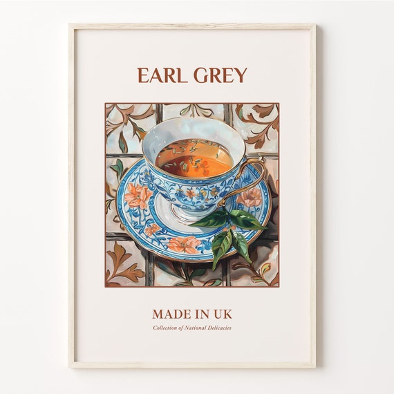 Earl Grey Tea Print Maiolica Tile Wall Art Traditional English Beverage Poster Kitchen Decor Bar Artwork