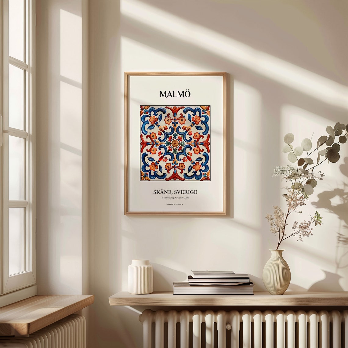Malmö Sweden Red Blue Scandinavian Folk Floral Tile Art Poster - Image 3