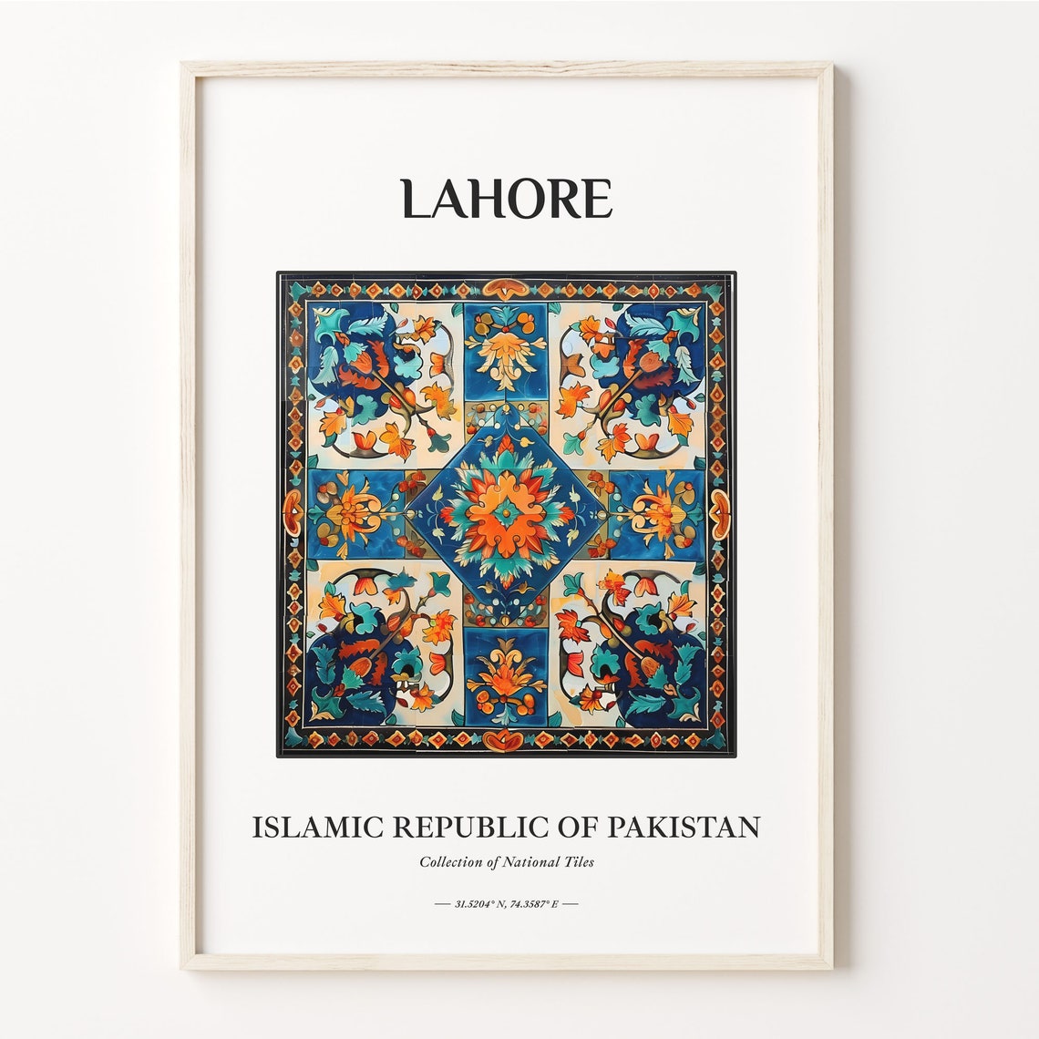 Lahore Pakistan Mughal Style Blue Orange Floral Tile Panel Art Poster