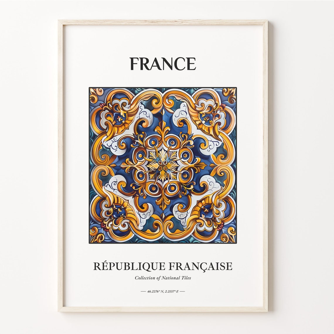 France Baroque Scroll Tile Art Blue Gold National Tiles Poster