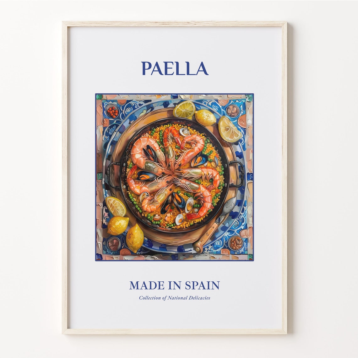 Paella Spanish Seafood Shrimp Mussel Lemon Pan Kitchen Decor Poster