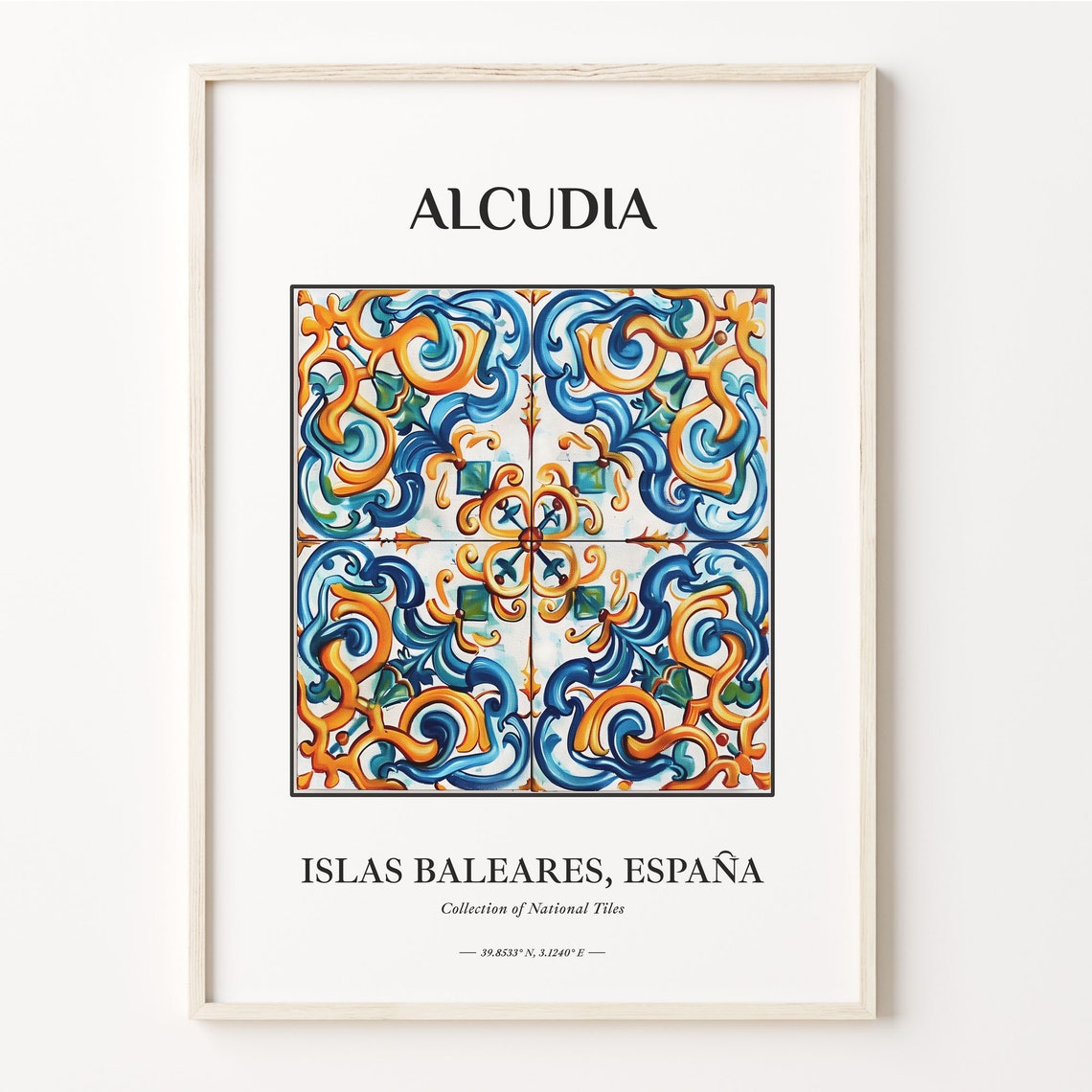 Alcudia Spain Blue Orange White Swirl Ceramic Tile Art Poster