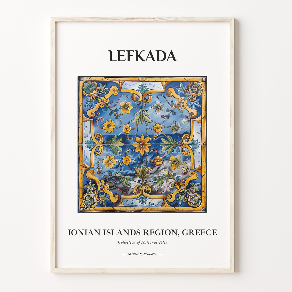 Lefkada Ionian Islands Greece Floral Blue Gold Tile Art Decor Poster