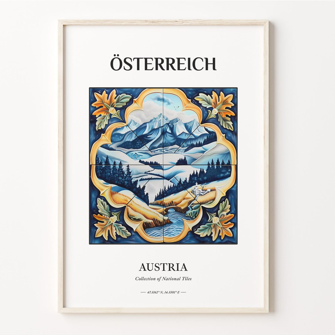 Austria Alpine Snow Mountain Tile Art Golden Floral Frame Poster