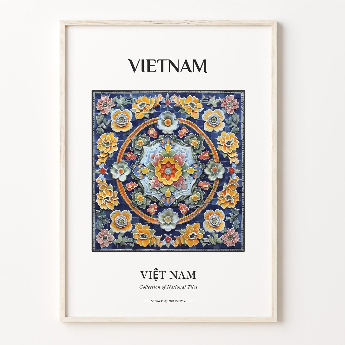 Vietnam Navy Blue Floral Medallion Decorative Tile Art Poster