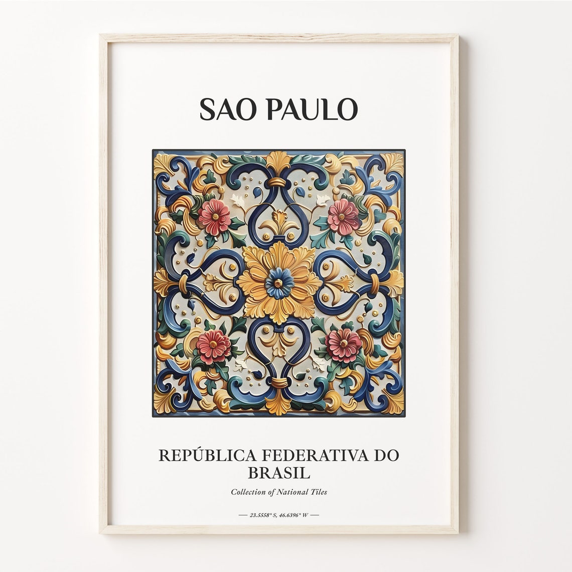 Sao Paulo Brazil Gold Blue Pink Floral Portuguese Tile Poster