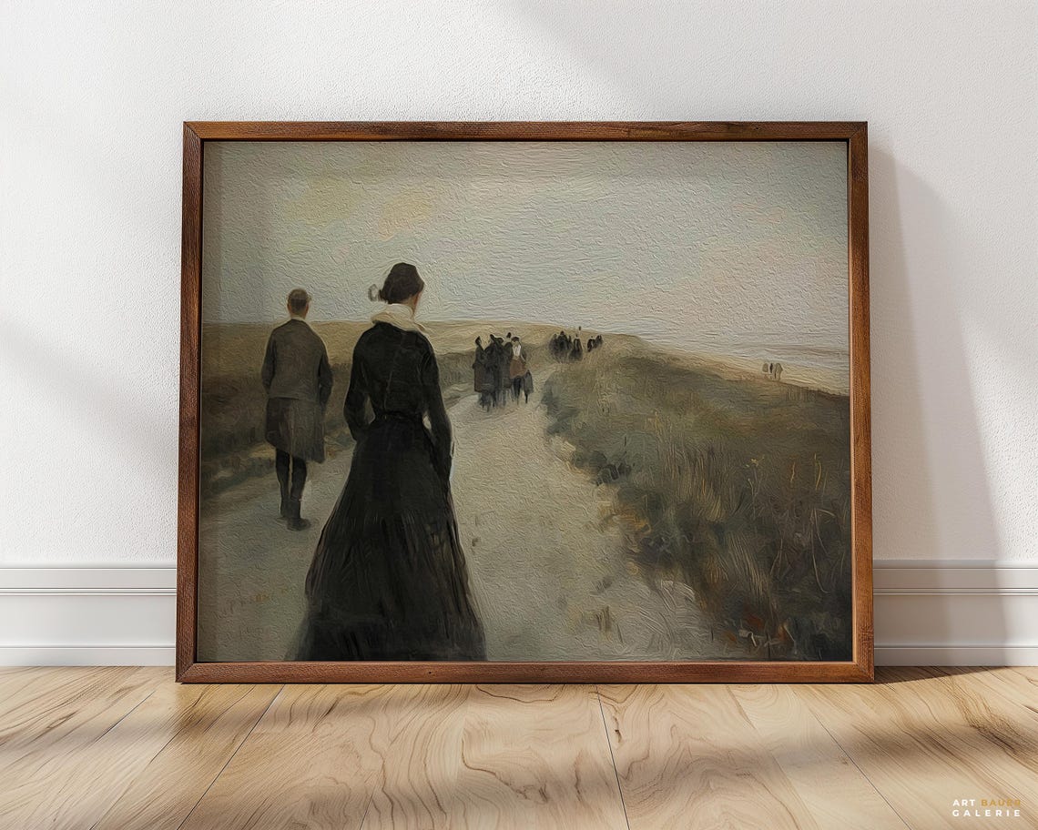 Victorian Figures Walking Coastal Dunes Path Moody Seascape Art Poster - Image 5