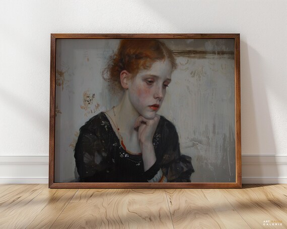 Melancholy Woman Portrait Red Hair Blue Room Vintage Emotional Art Poster