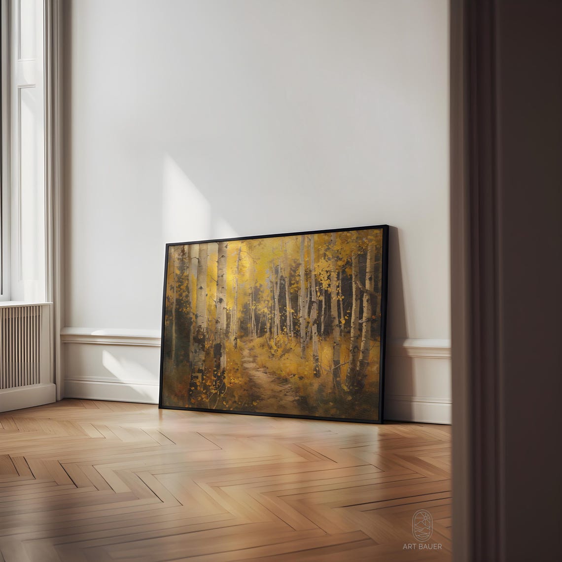 Golden Autumn Birch Forest Path Warm Fall Foliage Nature Art Poster - Image 3