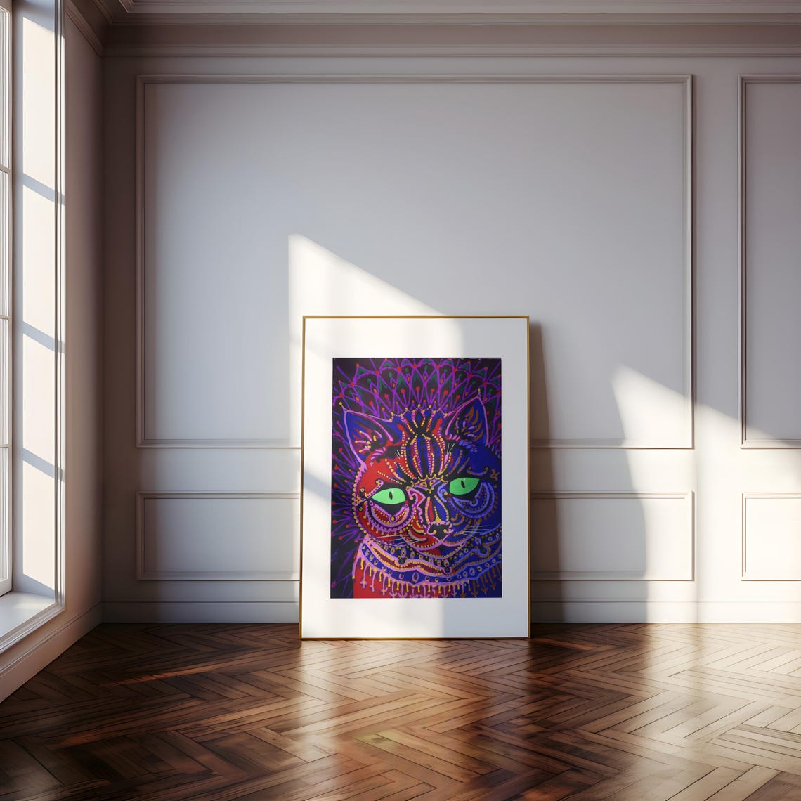 Louis Wain Neon Night Cat Portrait Glowing Eyes Psychedelic Print - Image 4