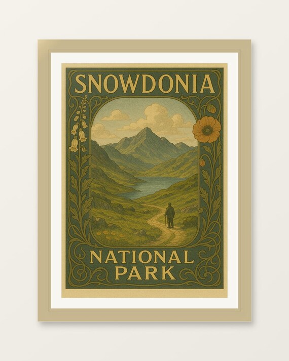 Snowdonia National Park Vintage Travel Poster Mountain Hiker Wales
