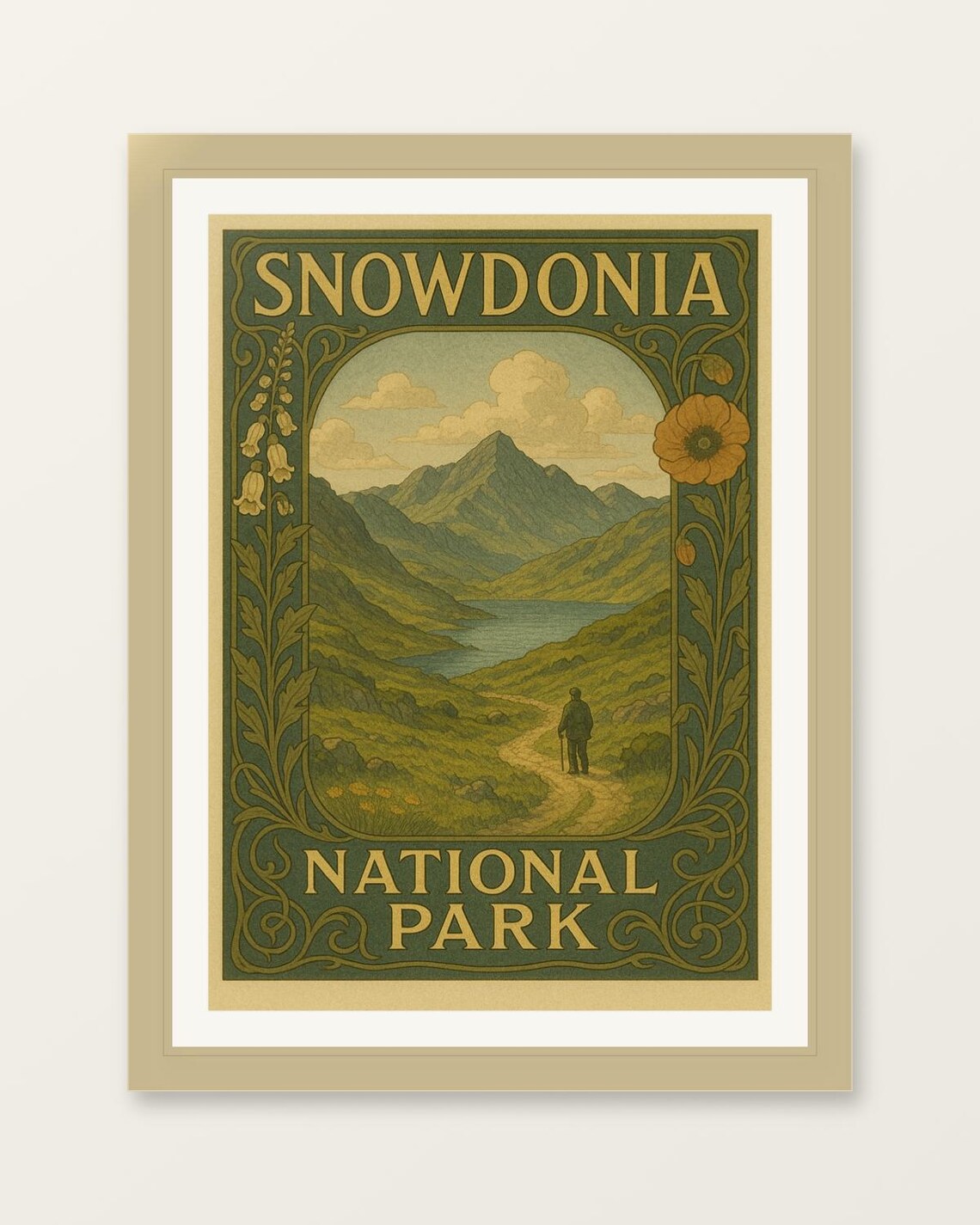 Snowdonia National Park Vintage Travel Poster Mountain Hiker Wales