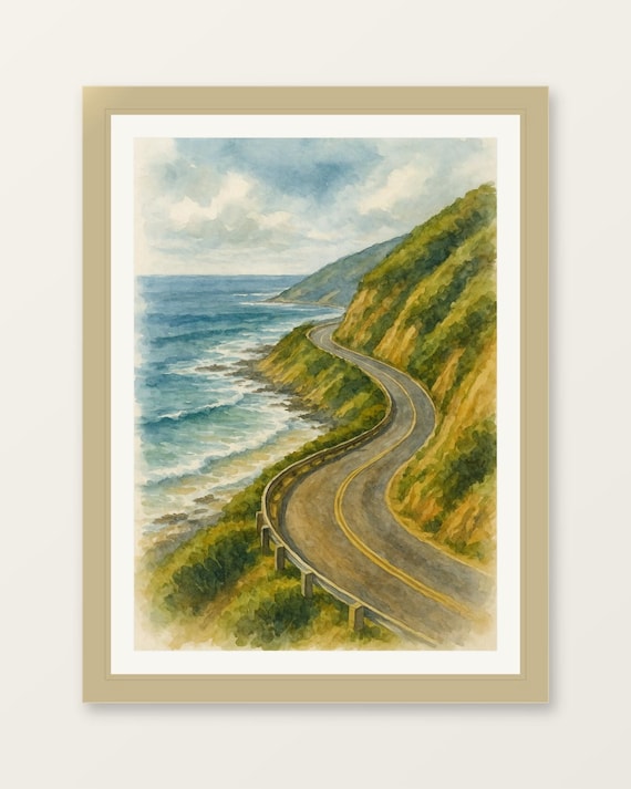 Cape Breton Coastal Road Watercolor Cliffside Ocean Drive Travel Poster