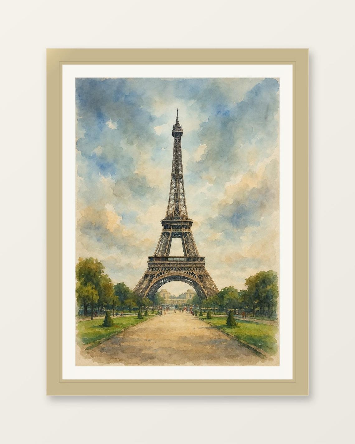 Eiffel Tower Paris Watercolor Cloudy Sky Romantic Travel Art Poster