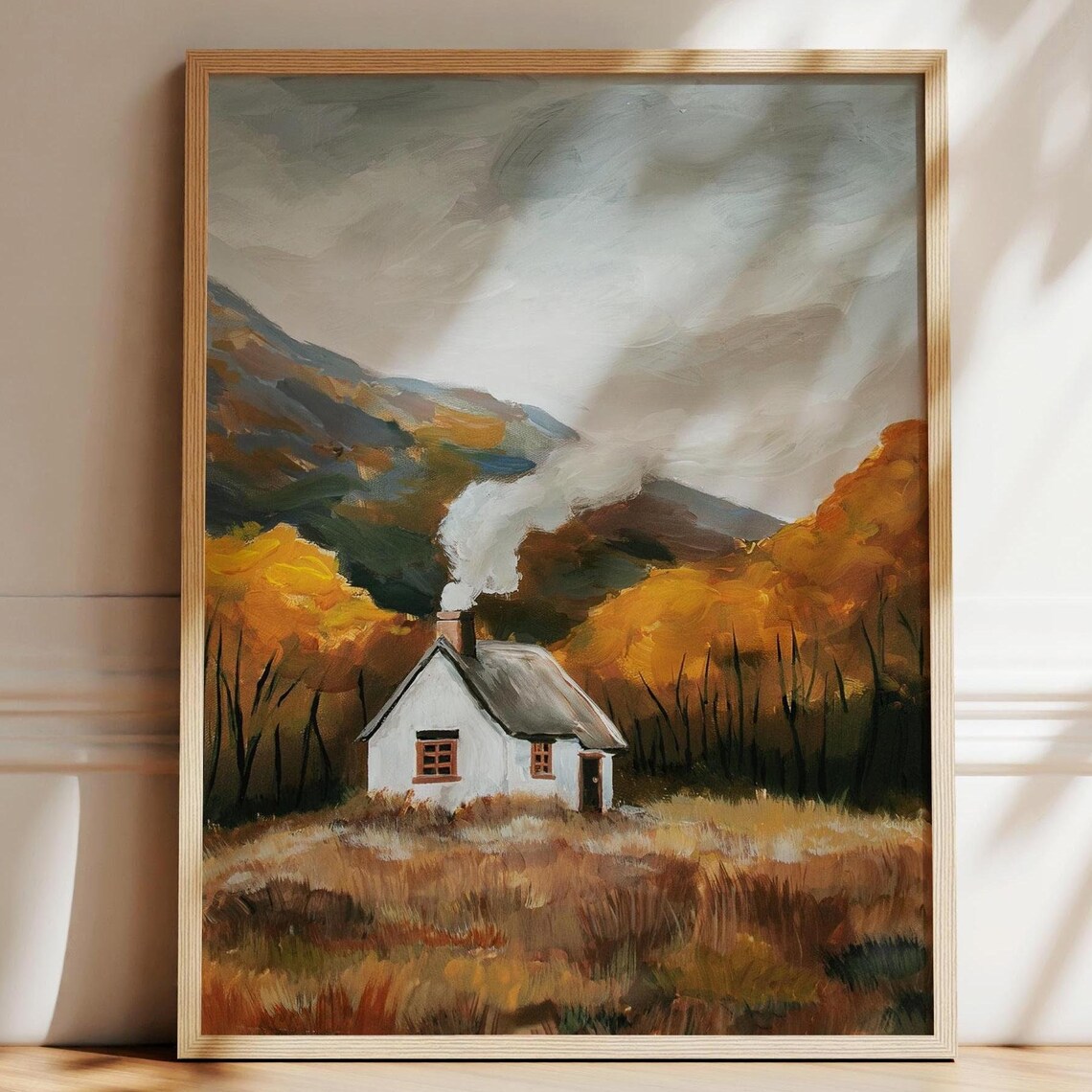 Cozy Autumn Cottage Art Print, Fall Trees