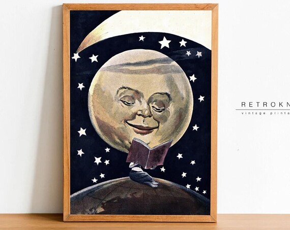 Smiling Full Moon Reading Book Over Earth Starry Night Nursery Print