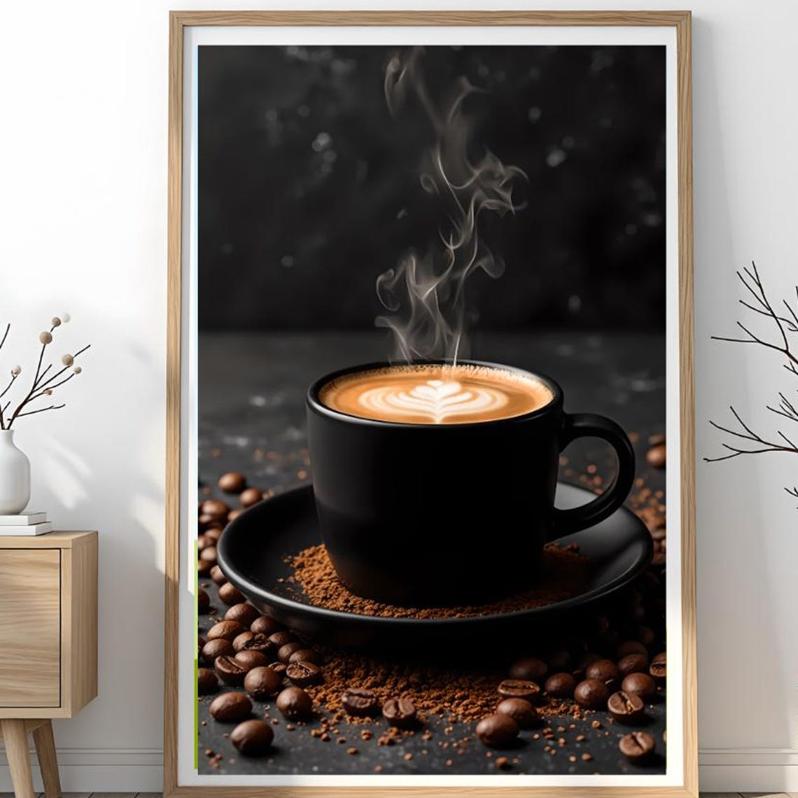 Steaming Black Coffee Cup Latte Art Dark Kitchen Photography Poster